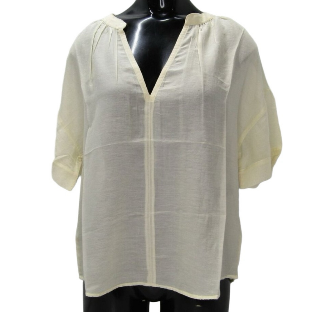 Ese O Ese Women’s Marrakech V-Neck Sheer Cotton Top – Vanilla Beige – Size S